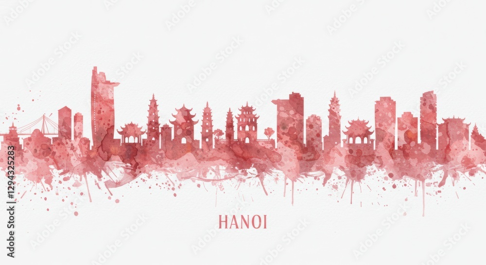 Hanoi skyline watercolor silhouette: artistic cityscape and iconic landmarks Hanoi skyline watercolor silhouette: artistic cityscape and iconic landmarks