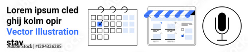 Icons for text, calendar with checkmark, online store with storefront and samples, microphone conveying content creation. Ideal for project management, e-commerce, scheduling, marketing, podcasting