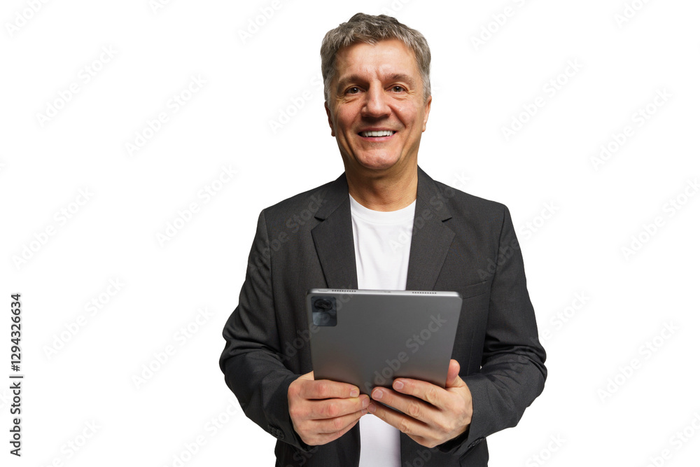 Middle-aged man holding a tablet with a friendly smile in a neutral setting Middle-aged man holding a tablet with a friendly smile in a neutral setting