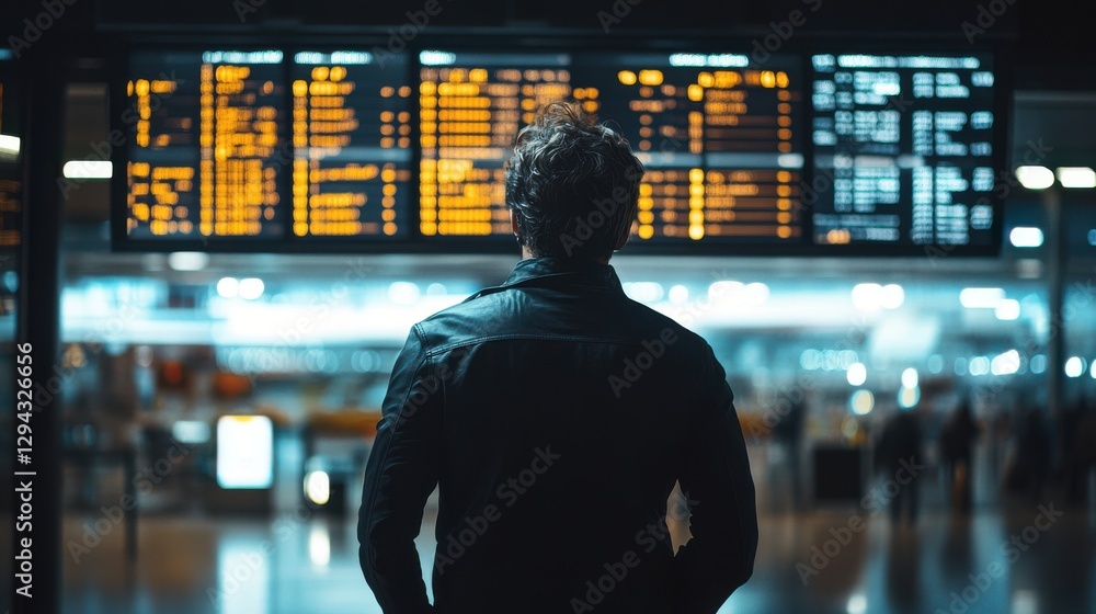 Traveling by airplane. Man walking with backpack and suitcase walking through airport terminal and looking at departure information. Traveling by airplane. Man walking with backpack and suitcase walking through airport terminal and looking at departure information.