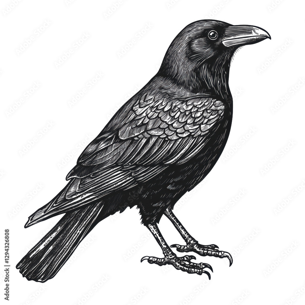 Fototapeta premium Detailed illustration of a perched raven showcasing intricate feather details on a transparent background for easy integration