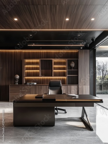 A luxurious modern office interior with wood paneling details