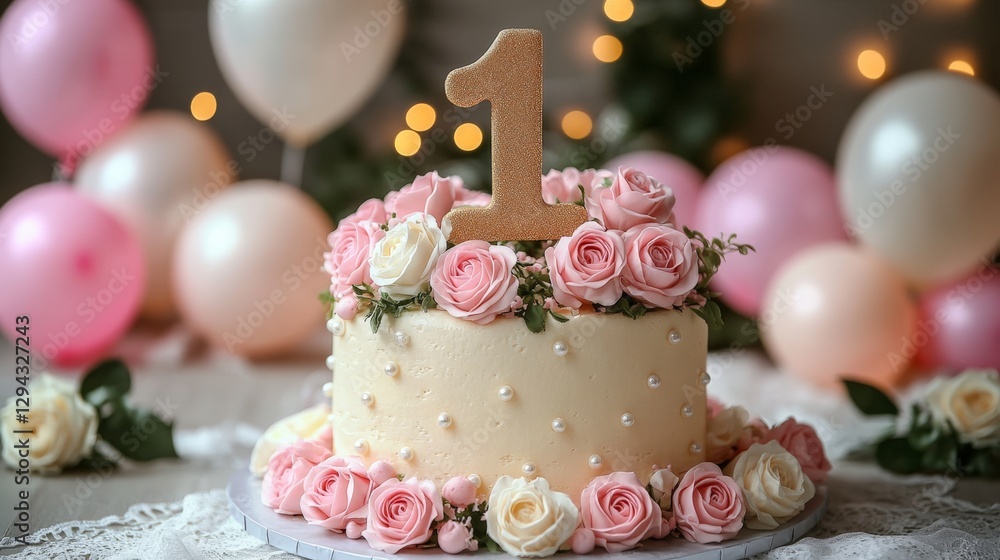 Fototapeta premium A cake with a number 1 on it and pink and white flowers. The cake is on a table with a white lace tablecloth