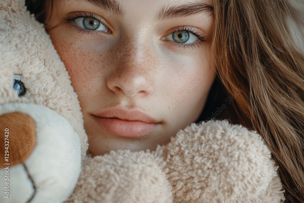 Close-up portrait of a freckled girl with long hair embracing a teddy bear, conveying innocence and comfort. Close-up portrait of a freckled girl with long hair embracing a teddy bear, conveying innocence and comfort.