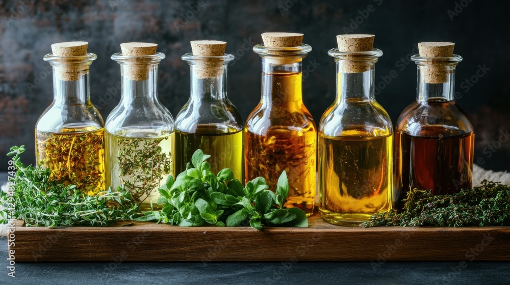 Elegant display of glass bottles filled with herbs and oils on a kitchen counter Elegant display of glass bottles filled with herbs and oils on a kitchen counter