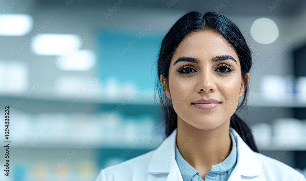 Obraz premium Female pharmacist smiling in a modern pharmacy setting.