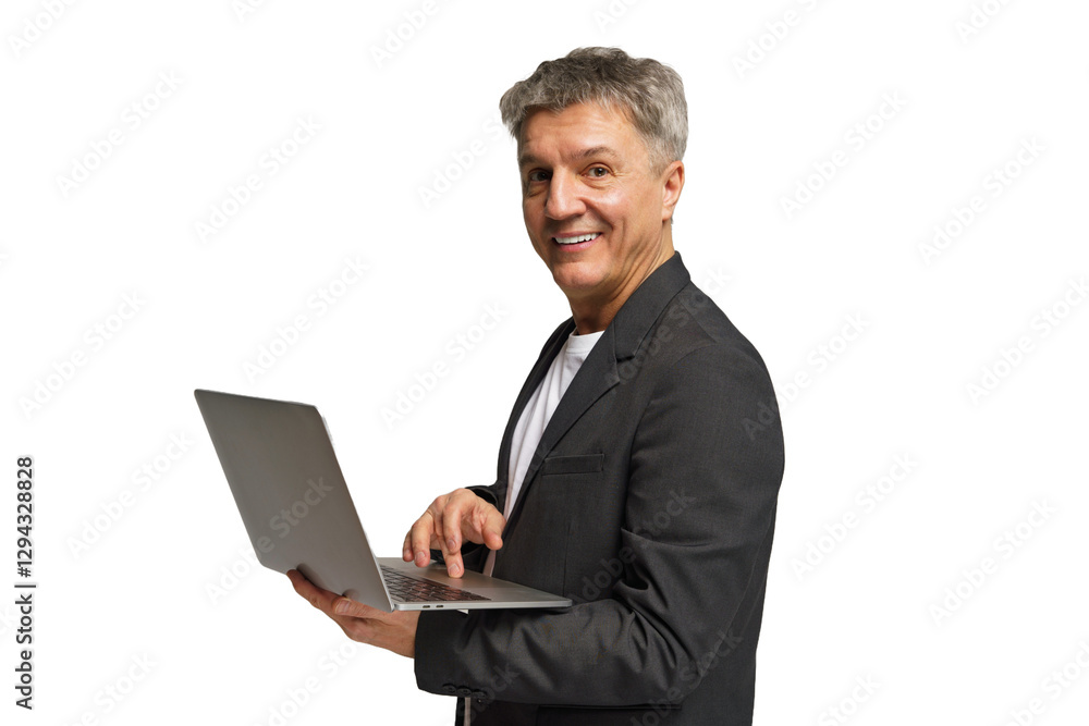Professional man smiles while using a laptop in a minimalistic studio environment during daylight hours Professional man smiles while using a laptop in a minimalistic studio environment during daylight hours