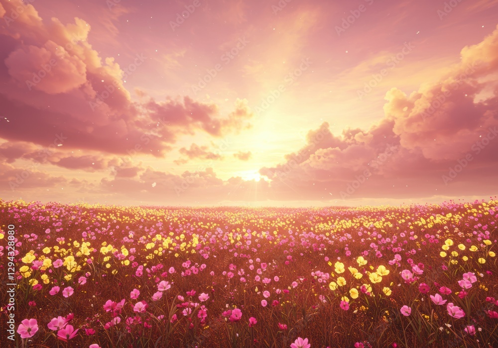 Naklejka premium Vibrant wildflower field at sunset with pink and yellow blossoms under dramatic cloudy sky