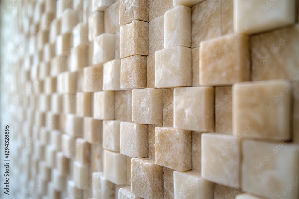 Textured wall featuring cubes of beige stone arranged in a modern pattern, creating an elegant interior design element Textured wall featuring cubes of beige stone arranged in a modern pattern, creating an elegant interior design element