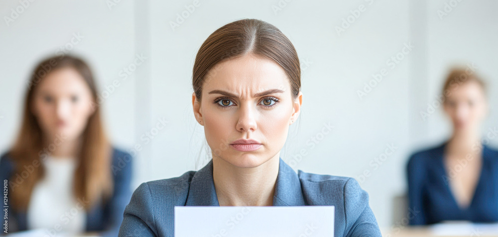 Focused woman in a meeting holding a document with serious expression. Focused woman in a meeting holding a document with serious expression.