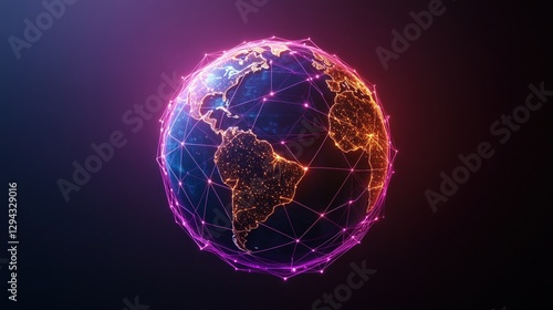 Globe with illuminated network of lights highlighting continents and location pins on a dark background