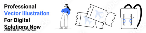 Woman in casual attire contemplating next steps alongside airplane tickets and a backpack. Ideal for travel, planning, decision-making, tourism, leisure, preparation, and lifestyle. Perfect for flat