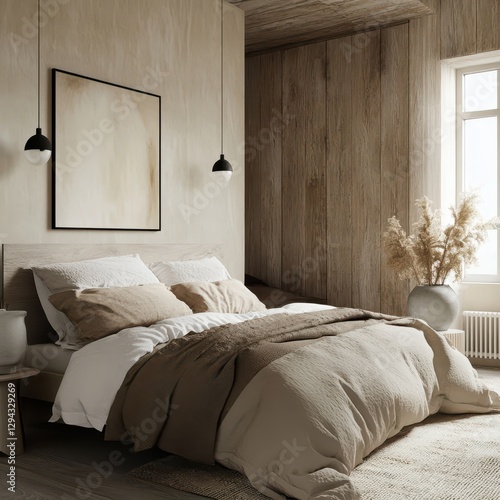 Wallpaper Mural A modern bedroom displays neutral tones with bedding and decor Torontodigital.ca