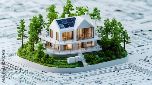 Futuristic 3D blueprint render depicting a bio integrated smart home with living green walls AI monitored oxygen balance and self repairing nanomaterials