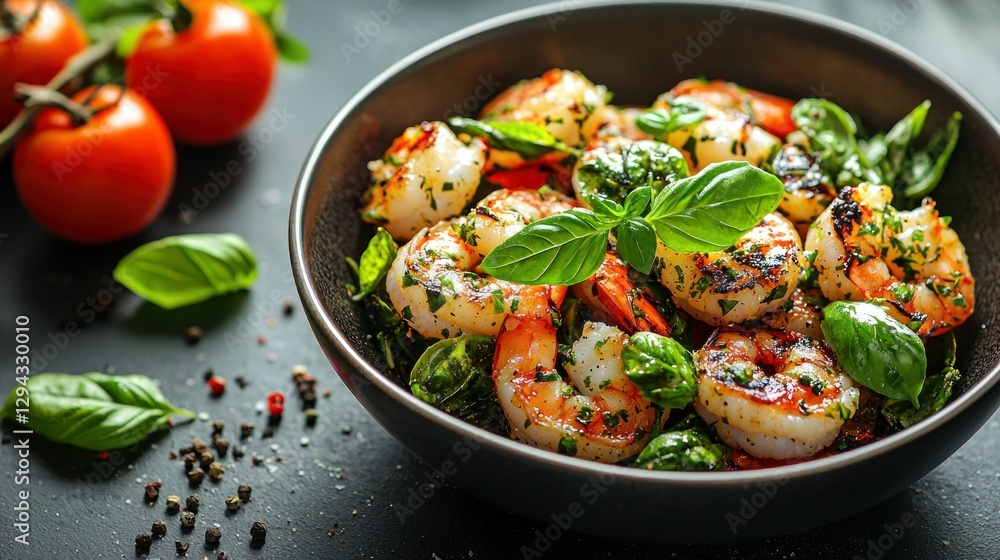 Grilled shrimp with spinach and basil in a bowl, fresh tomatoes and basil in the background. Possible use food photography Grilled shrimp with spinach and basil in a bowl, fresh tomatoes and basil in the background. Possible use food photography