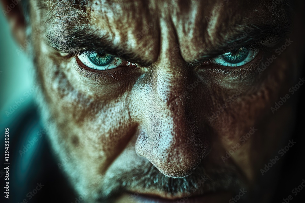 Close-up portrait of a man with intense blue eyes and a stern expression, conveying anger and determination.