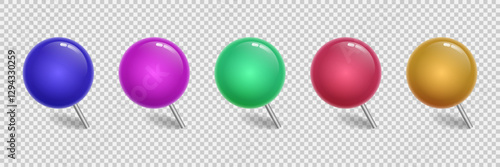 Office pushpin set with glossy ball heads and metal pins. Push pin in various colors. Realistic Thumbtack with shadow on transparent Background. Ideal for notes, education, collage, planner