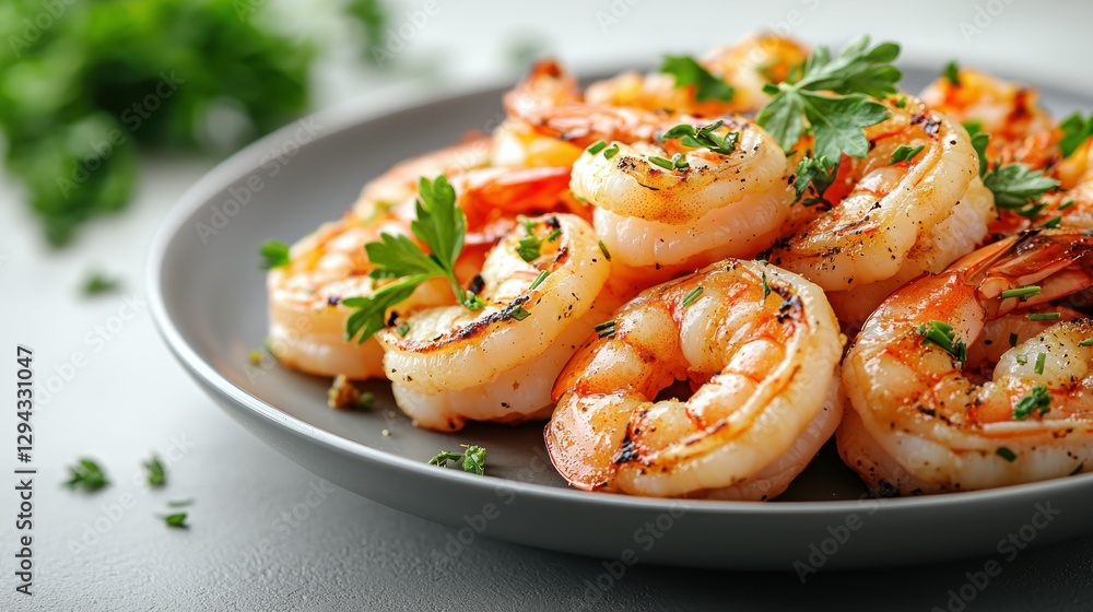 Roasted shrimp on gray plate, garnished with fresh parsley, on a light gray surface Roasted shrimp on gray plate, garnished with fresh parsley, on a light gray surface