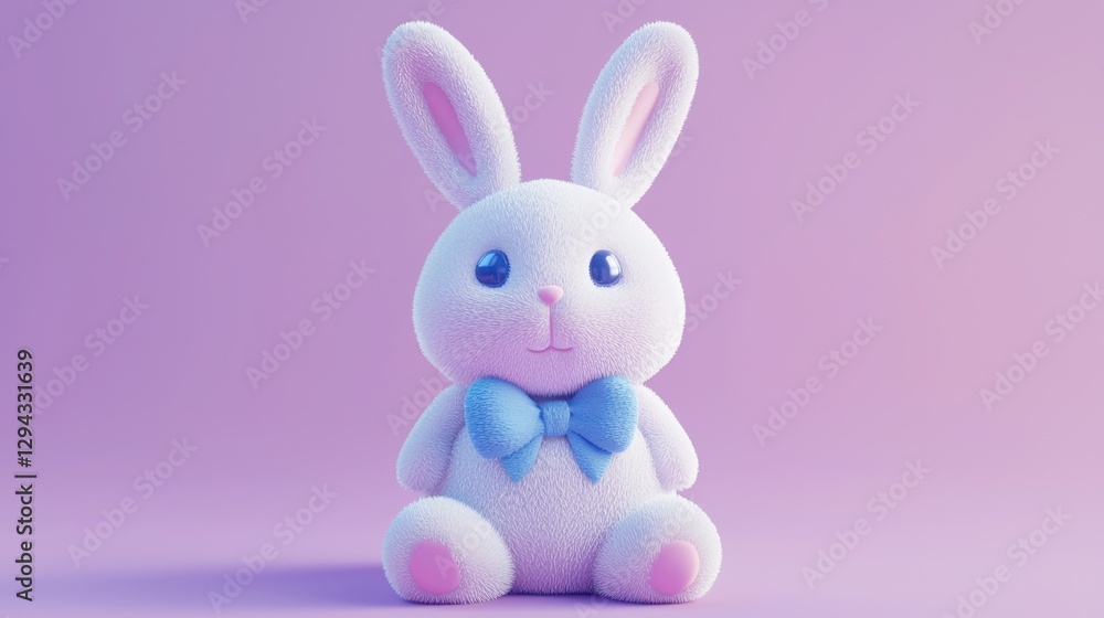 Obraz premium Adorable Fluffy White Bunny Rabbit with Blue Bowtie on Lavender Background Easter Childrens