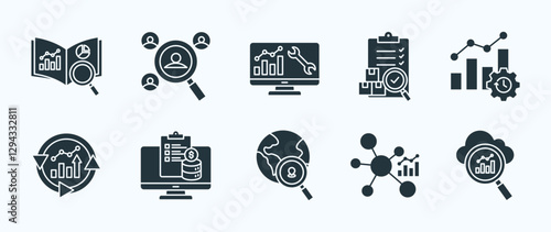 Business analytics thin icon set containing learning analytics, recruitment analysis, predictive maintenance, quality control, operational efficiency
