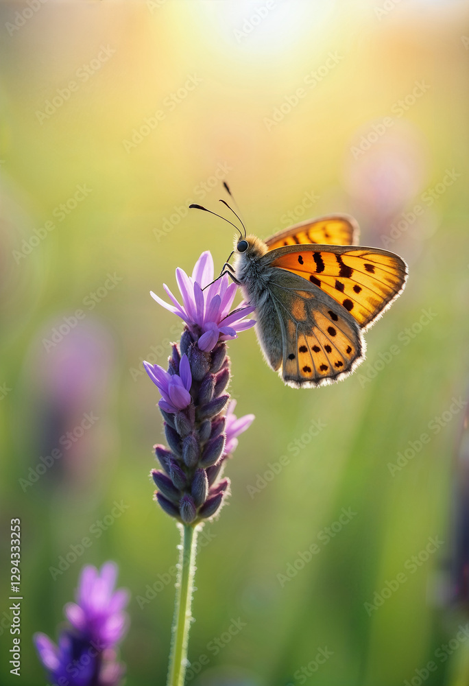 Fototapeta premium Butterfly resting on a lavender flower in a sunlit meadow