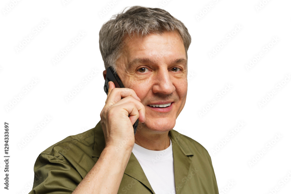 Man with gray hair happily talking on phone while wearing casual clothing indoors Man with gray hair happily talking on phone while wearing casual clothing indoors