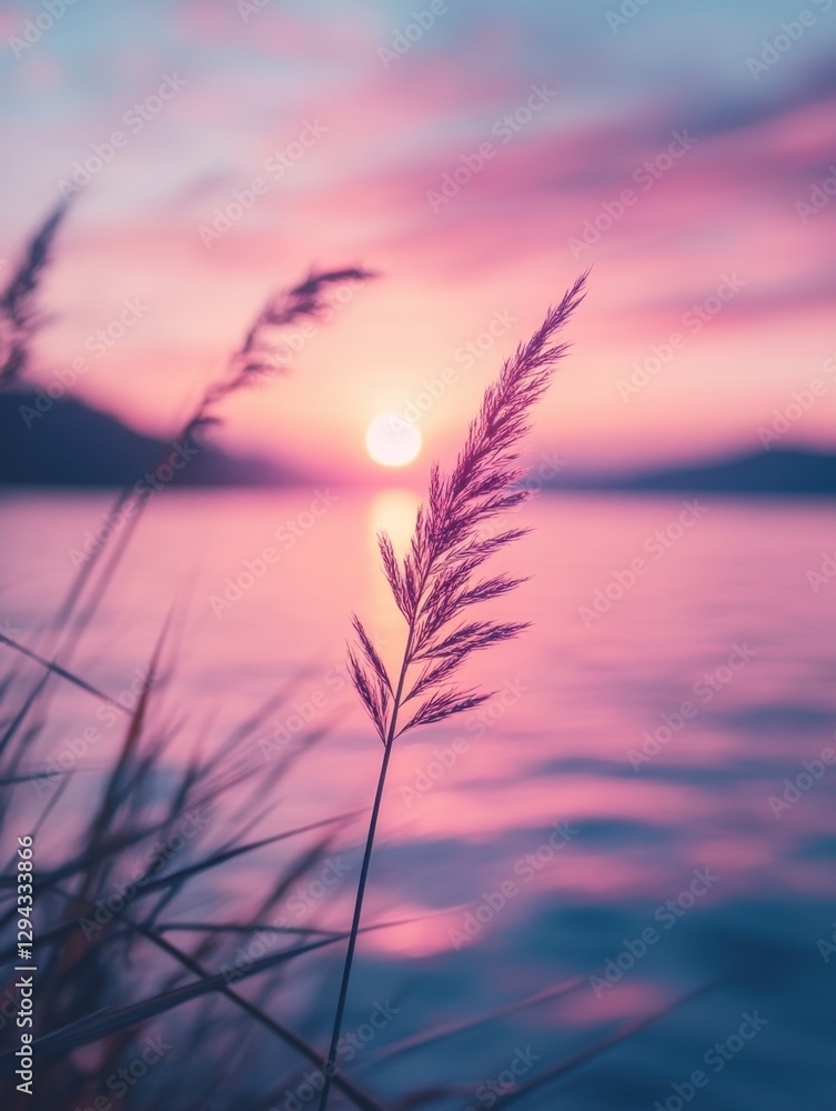 Serene lake at sunset with vibrant pink and purple hues reflecting on the water and soft grass silhouette Serene lake at sunset with vibrant pink and purple hues reflecting on the water and soft grass silhouette