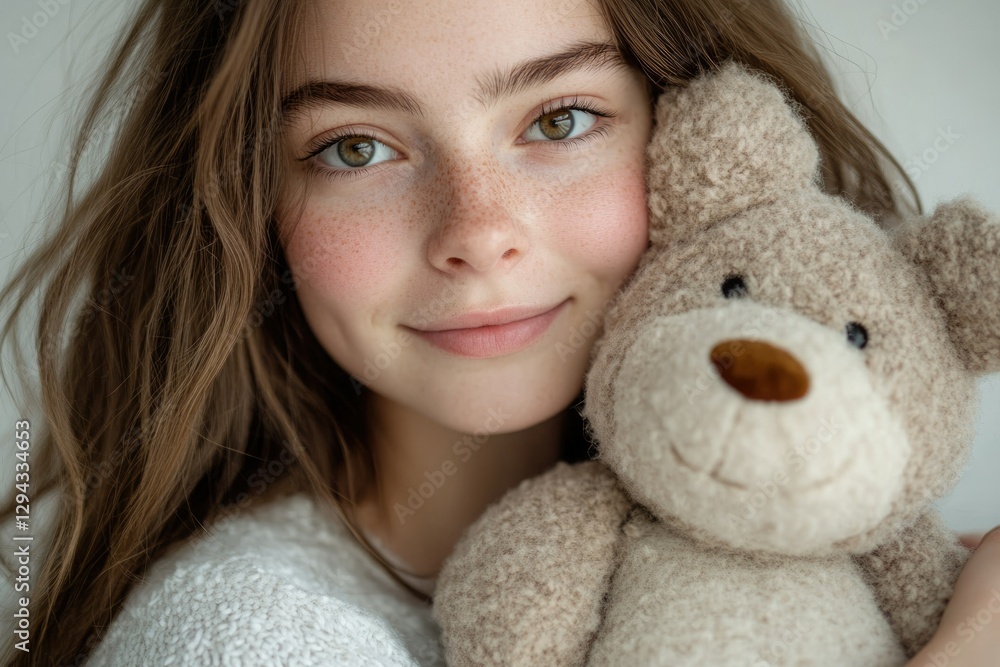 A girl with freckles and long brown hair gently hugs her beloved teddy bear. A girl with freckles and long brown hair gently hugs her beloved teddy bear.