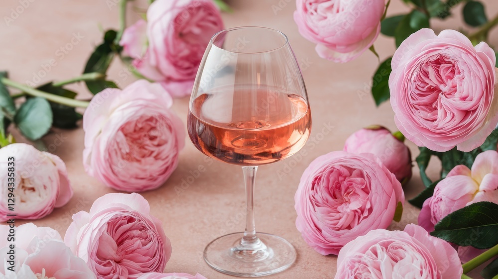 A glass of wine on a background with pink flowers. A glass of wine on a background with pink flowers.