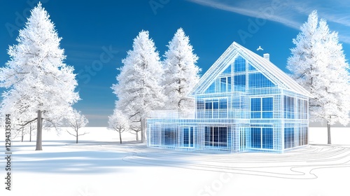 Futuristic wireframe blueprint of an intelligent off grid smart cabin with AI powered thermal regulation smart lighting automation and drone based security set in a serene winter landscape