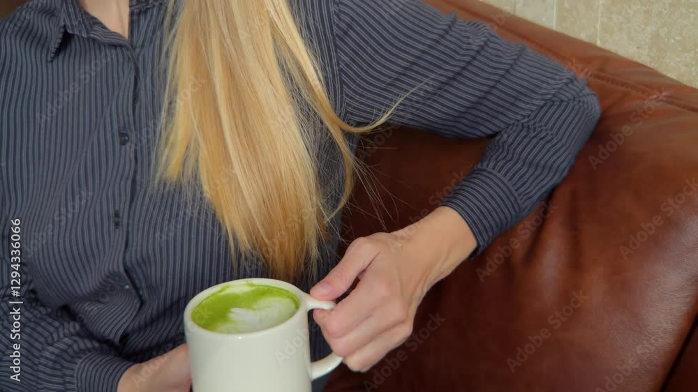 Woman holding a cup of matcha tea Woman holding a cup of matcha tea