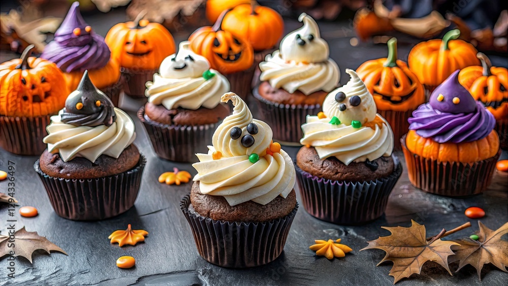 Halloween cupcakes with spooky decorations, bats and ghosts, playful and dark Halloween cupcakes with spooky decorations, bats and ghosts, playful and dark