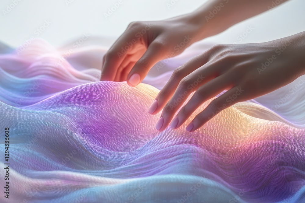 Naklejka premium Glowing iridescent fabric gently caressed by hands, ethereal and dreamy.