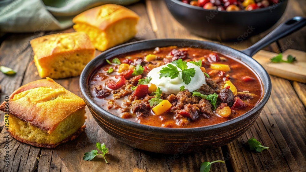 Hearty chili with cornbread, served on a cold winter day, comforting and rustic Hearty chili with cornbread, served on a cold winter day, comforting and rustic