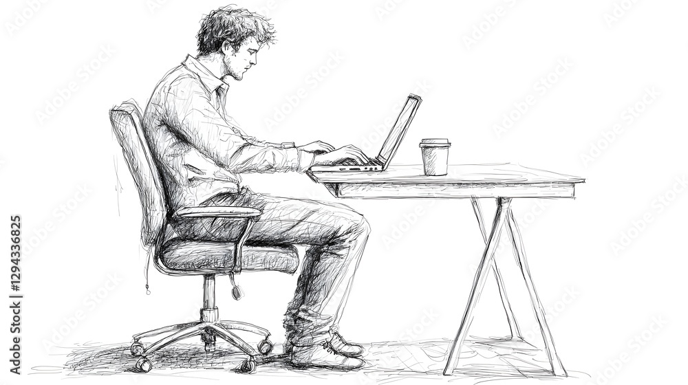 Hardworking Professional Focusing on Laptop in Detailed Pen Sketch Environment of Workspace with Coffee Cup Concept of and Modern Work Lifestyle