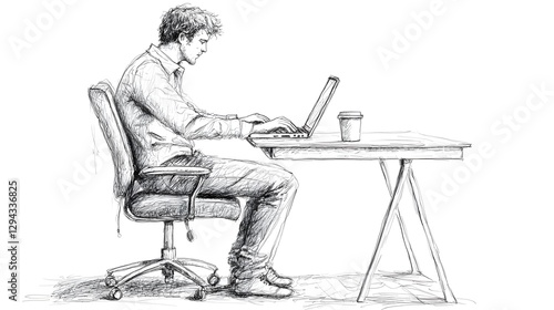 Obraz na płótnie Hardworking Professional Focusing on Laptop in Detailed Pen Sketch Environment of Workspace with Coffee Cup Concept of and Modern Work Lifestyle w salonie