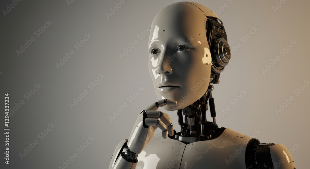 Thoughtful robot: advanced ai humanoid with futuristic design contemplating Thoughtful robot: advanced ai humanoid with futuristic design contemplating
