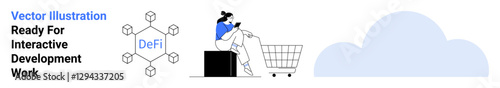 Blockchain network with DeFi label, person interacting with an online cart, and cloud icon. Ideal for fintech, e-commerce, cloud services, automation, technology innovation data management. Flat