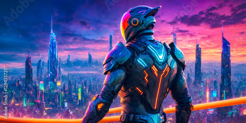 Futuristic Cityscape at Sunset with Armored Figure