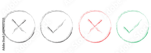 Check marks doodle set. Voting elements. Yes or no signs and square, rectangular or round checkbox for handdrawn choice. Green and red charcoal pencil correct or incorrect symbols. Vector illustration