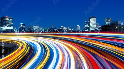 High speed train zooming along an elevated track through a vibrant neon lit cityscape at night reflecting the dynamic and futuristic nature of public transportation in a modern urban landscape