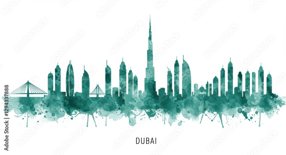 Fototapeta premium Artistic green watercolor silhouette of dubai skyline with iconic skyscrapers