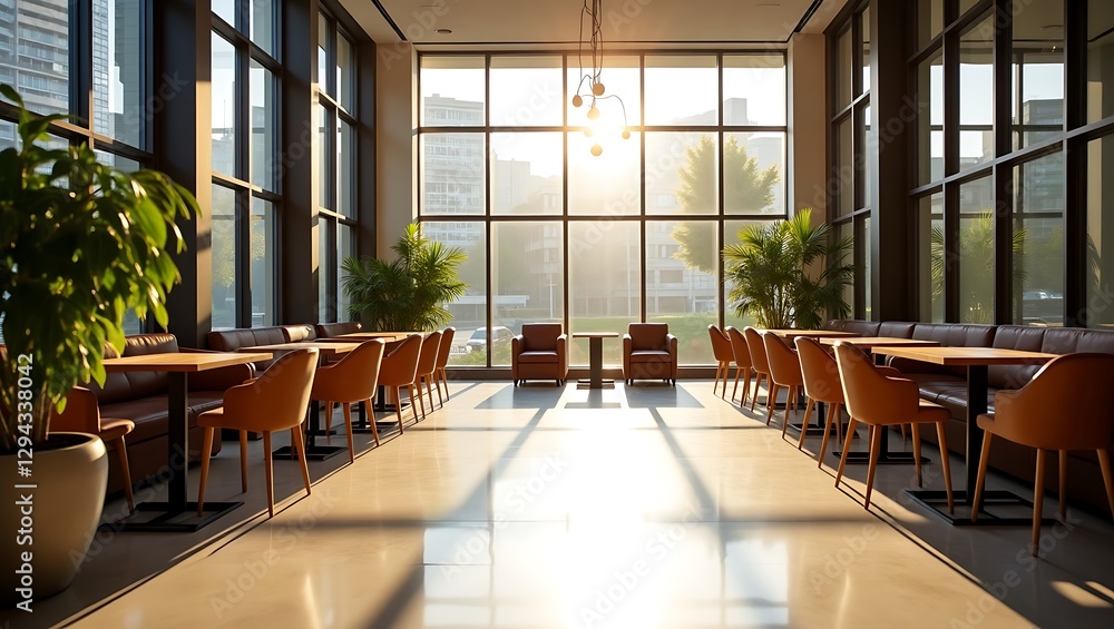 Fototapeta premium Modern Sunlit Café with Elegant Interior and City Views | Best Cozy Dining Experience