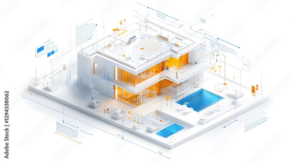 Highly detailed 3D isometric blueprint of a sustainable smart home integrating wind solar and geothermal energy systems for a futuristic eco friendly design