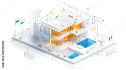 Obraz na płótnie Highly detailed 3D isometric blueprint of a sustainable smart home integrating wind solar and geothermal energy systems for a futuristic eco friendly design w salonie