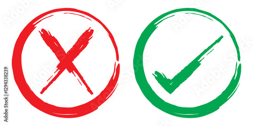 check mark, tick mark, and cross brush sign red checkmark and red X icons, buttons for vote, election choice decision, web.