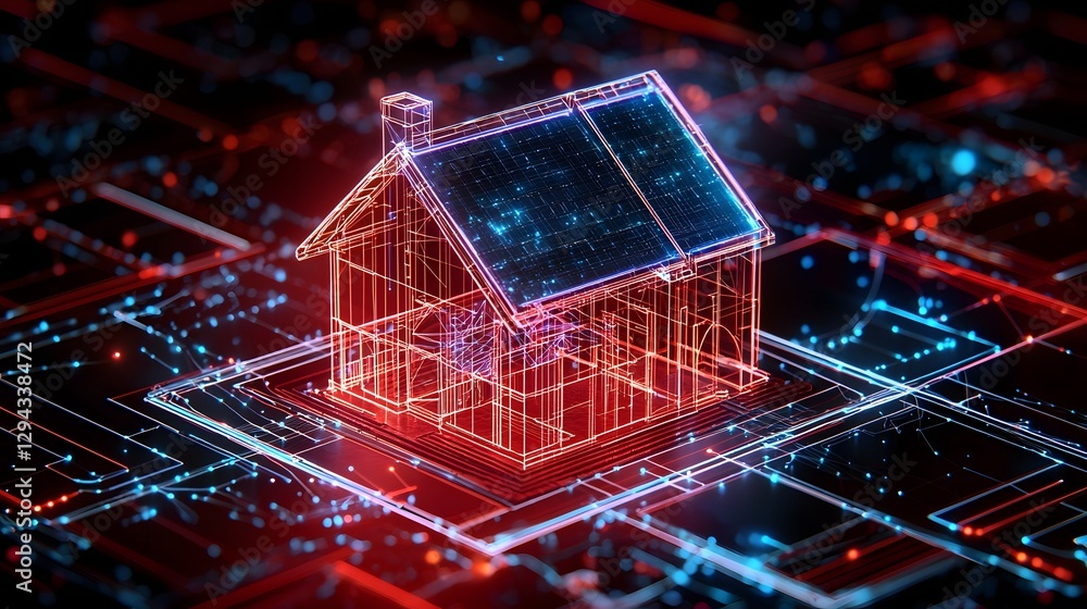 Highly detailed 3D isometric blueprint of an energy positive smart home featuring transparent solar panels AI assisted energy distribution and autonomous repair bots for a futuristic sustainable