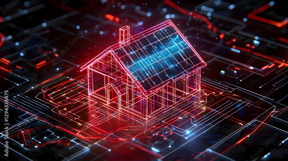 Highly detailed 3D isometric blueprint of an energy positive smart home featuring transparent solar panels AI assisted energy distribution and autonomous repair bots