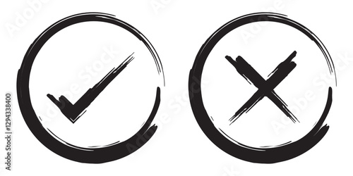 check mark, tick mark, and cross brush sign red checkmark and red X icons, buttons for vote, election choice decision, web.