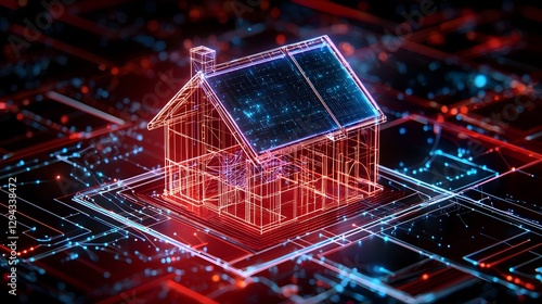 Obraz na płótnie Highly detailed 3D isometric blueprint of an energy positive smart home featuring transparent solar panels AI assisted energy distribution and autonomous repair bots for a futuristic sustainable w salonie